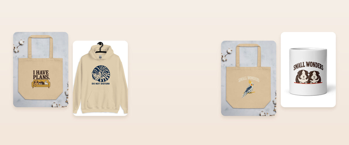 Pet Love gifts for every kind of pet: I Have Plans tote, Do Not Disturb hoodie, Small Wonders cockatiel tote and guinea pig mug